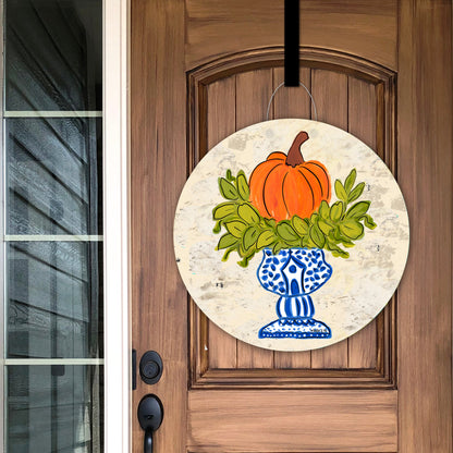 Pumpkin in Blue Willow Planter Door Hanger