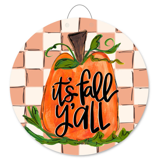 It's Fall Y'all Checkered Pumpkin Door Hanger