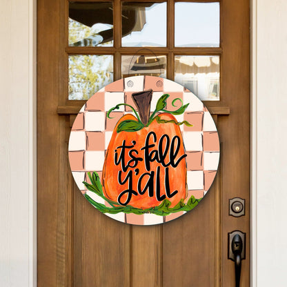 It's Fall Y'all Checkered Pumpkin Door Hanger