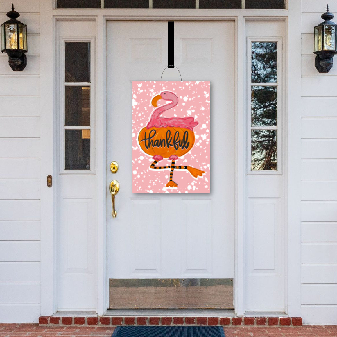 Thankful Flamingo Pumpkin Door Hanger