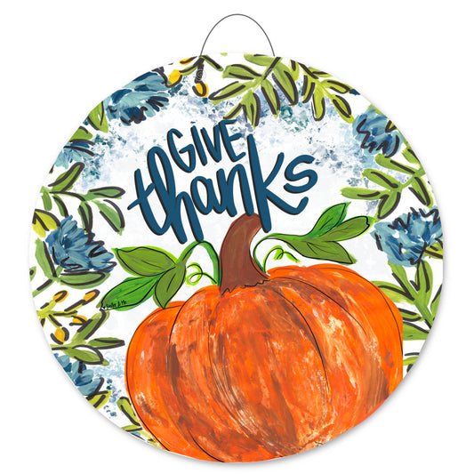 Blue Give Thanks Pumpkin Floral Door Hanger