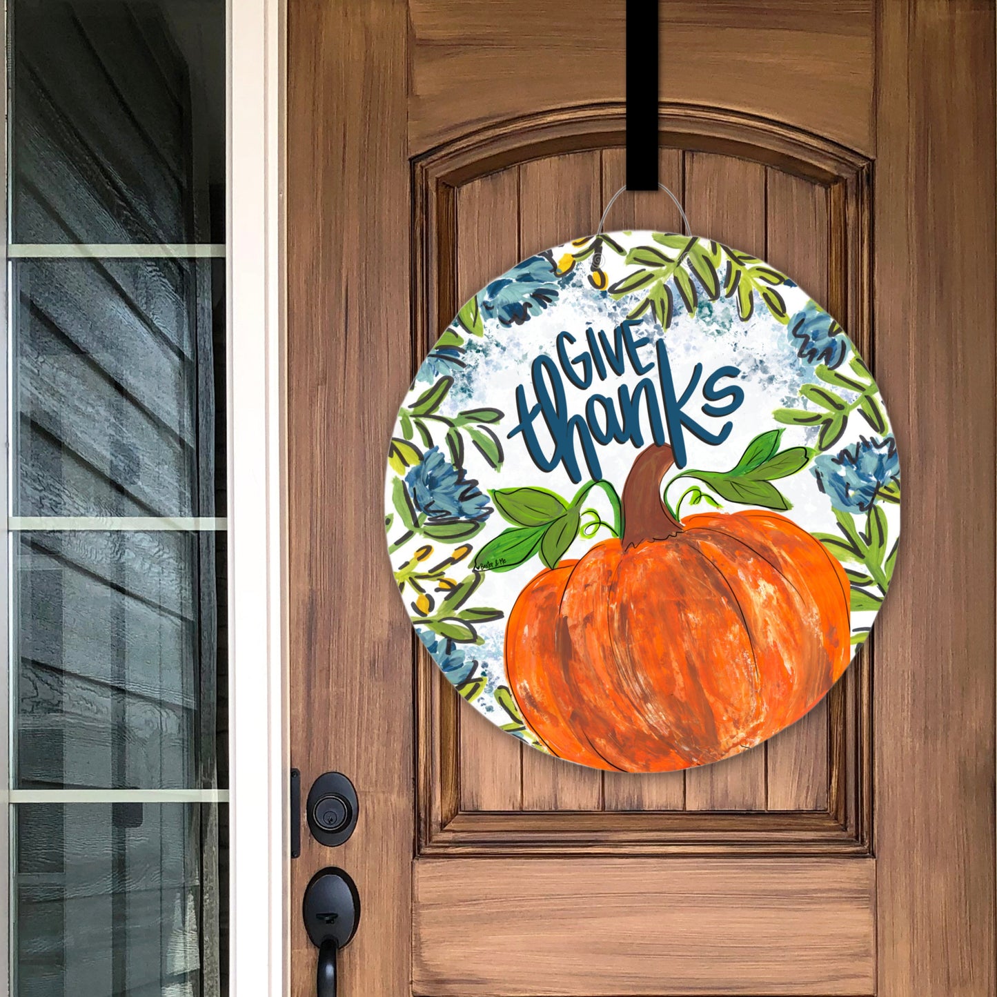 Blue Give Thanks Pumpkin Floral Door Hanger