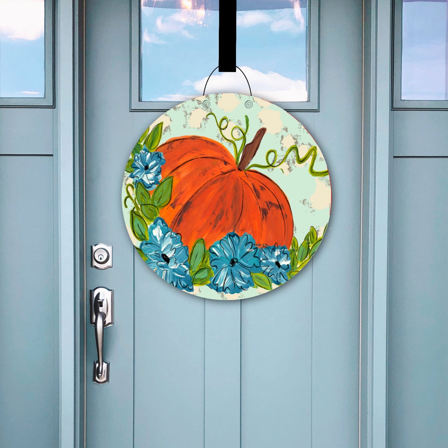 Pumpkin with Blue Flowers Door Hanger