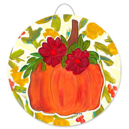 Pumpkin with Fall Flowers Door Hanger