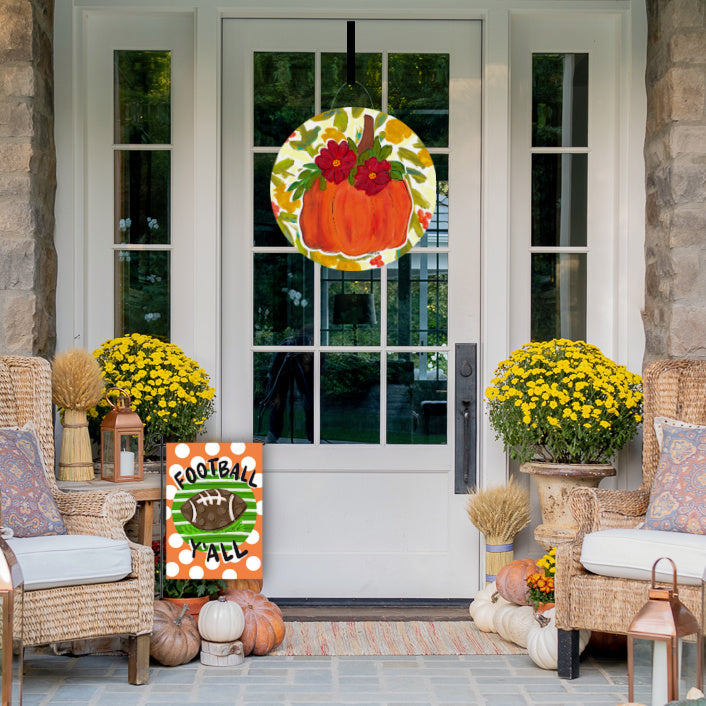 Pumpkin with Fall Flowers Door Hanger