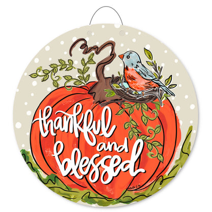 Thankful & Blessed Bird Pumpkin Door Hanger