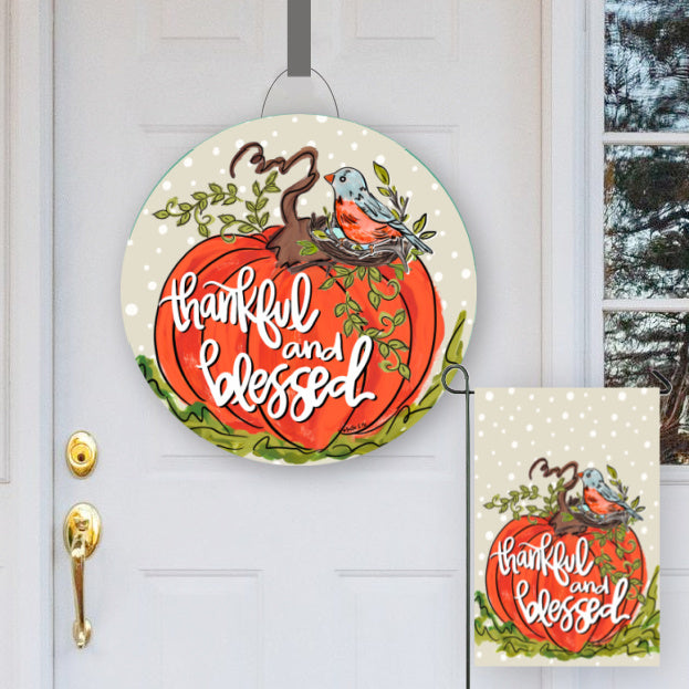 Thankful & Blessed Bird Pumpkin Door Hanger