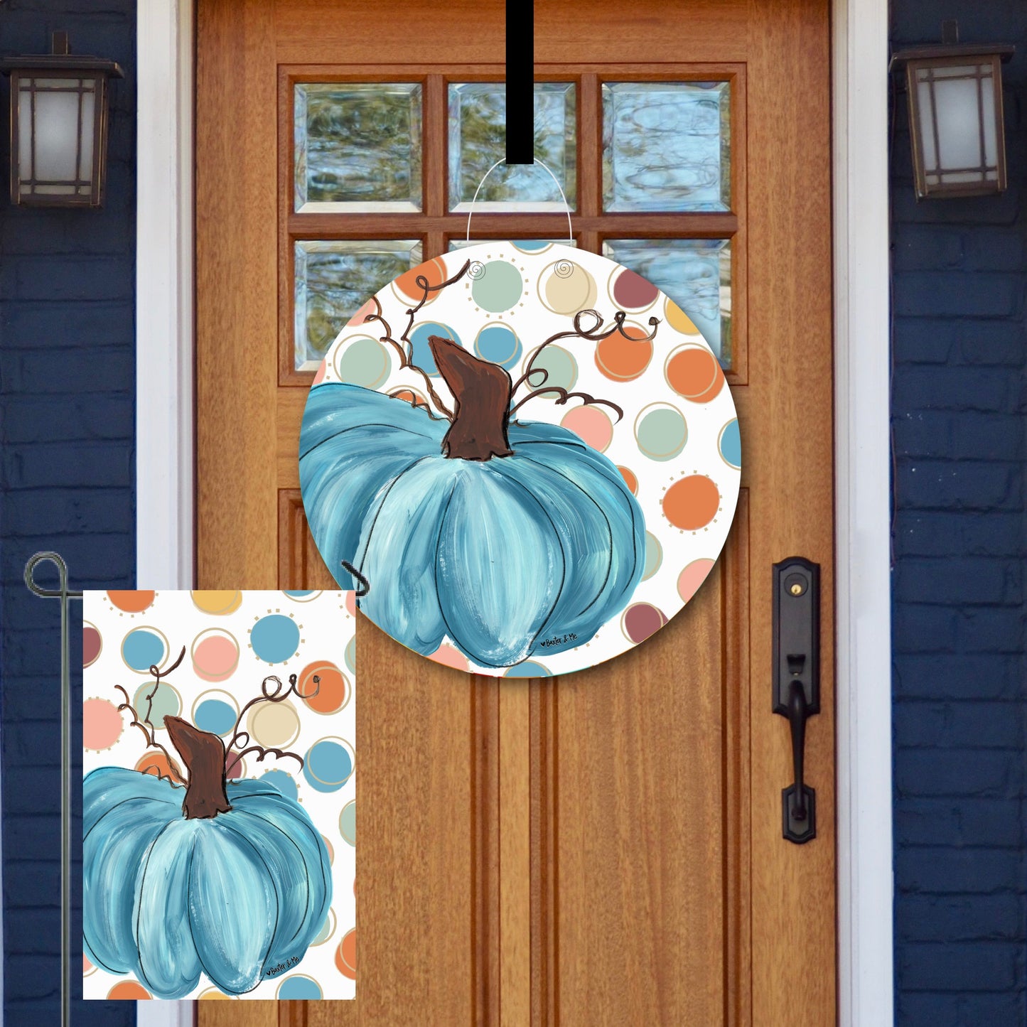 Colorful Polka Dot Blue Pumpkin Door Hanger