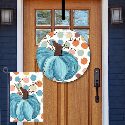 Colorful Polka Dot Blue Pumpkin Door Hanger