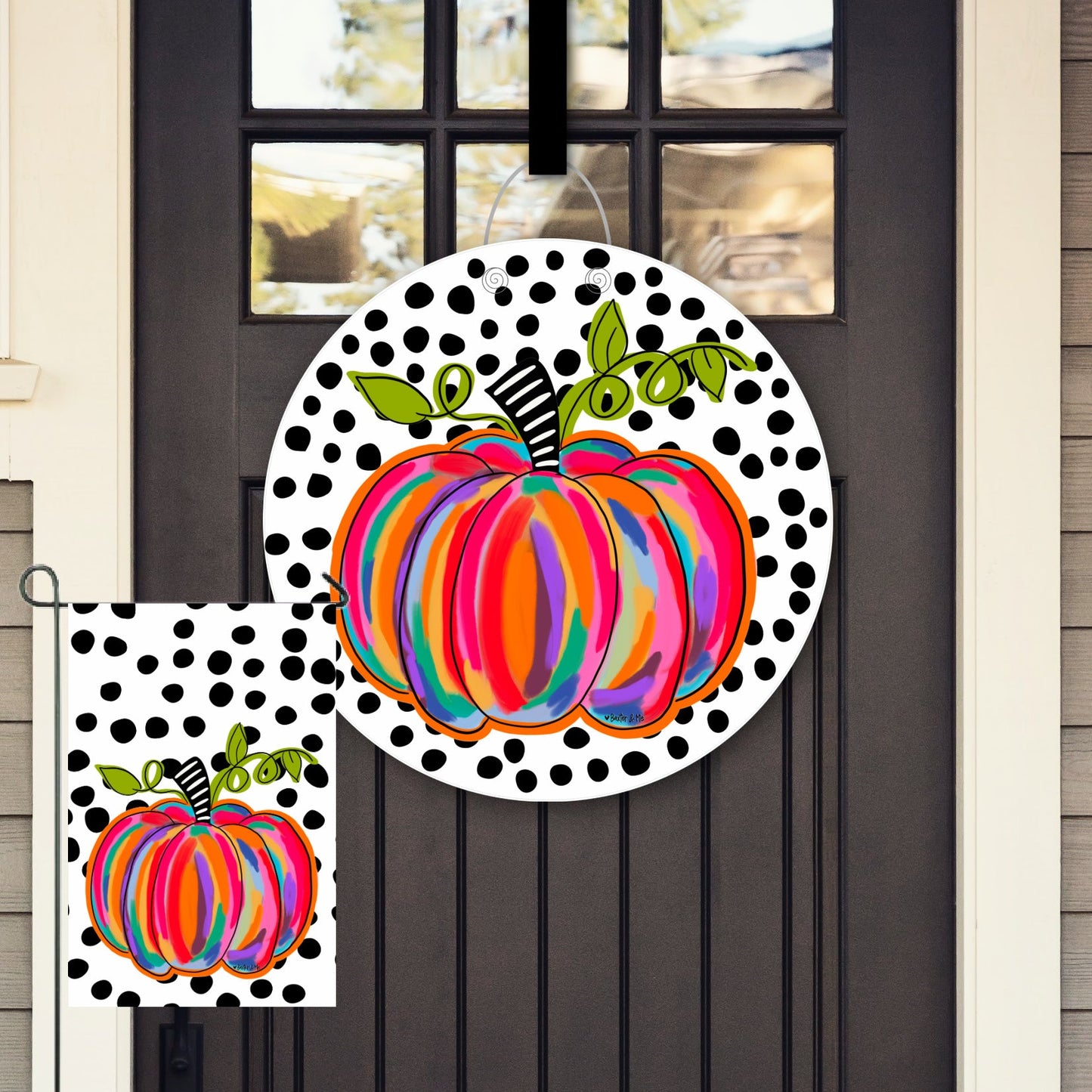 Colorful Pumpkin w/ B & W Background Door Hanger