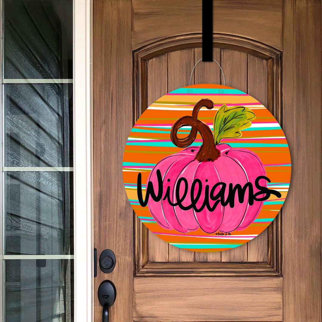 Personalizable Pink Pumpkin Door Hanger