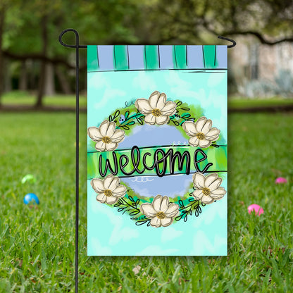 Welcome Magnolia Wreath Garden Flag