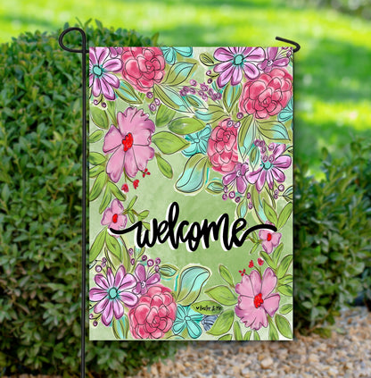 Welcome Pretty Pink & Purple Floral Garden Flag