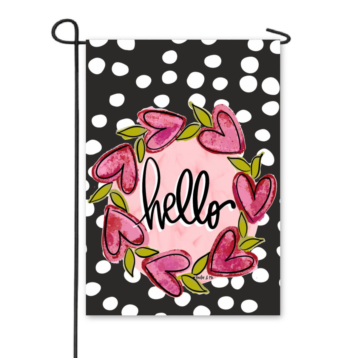 Hello Heart Vine Wreath Black Garden Flag