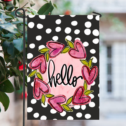 Hello Heart Vine Wreath Black Garden Flag