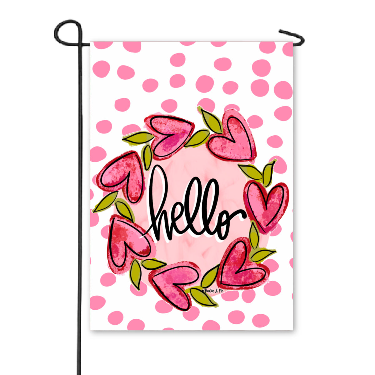 Hello Heart Vine Wreath Pink Dots Garden Flag