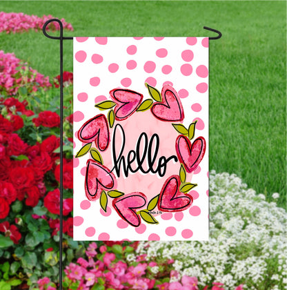 Hello Heart Vine Wreath Pink Dots Garden Flag