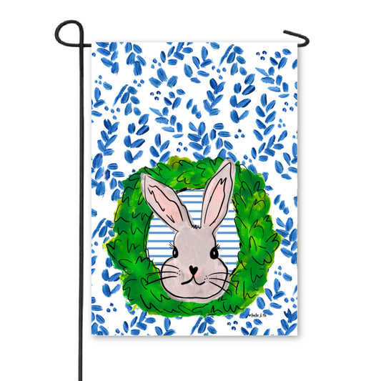 Blue Willow Boxwood Bunny Garden Flag