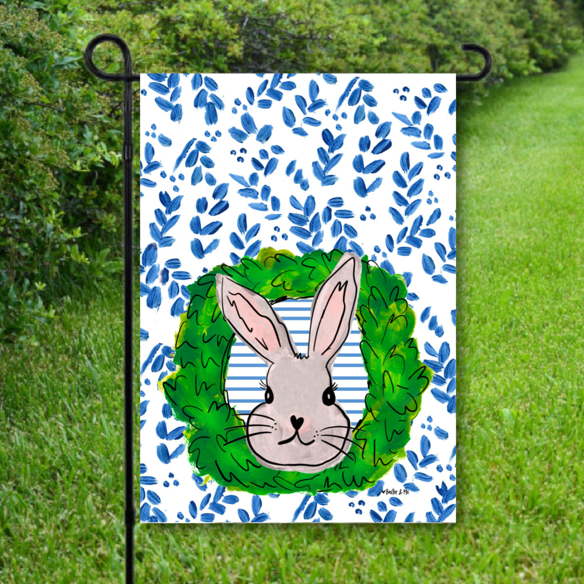 Blue Willow Boxwood Bunny Garden Flag