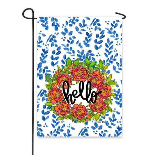 Hello Peony Wreath Garden Flag