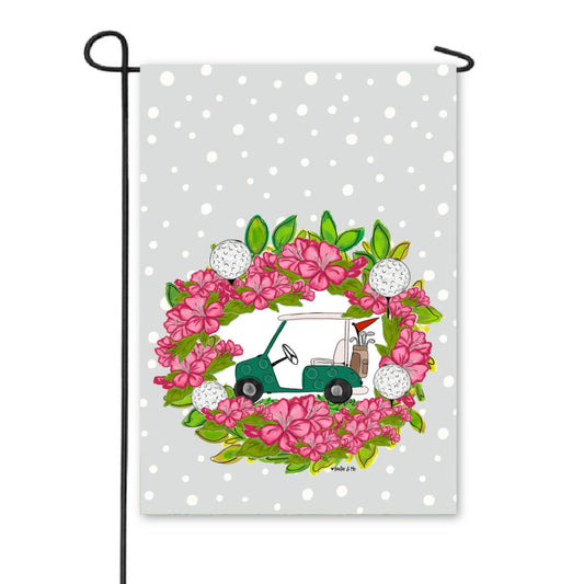 Garden flag with a golf cart and floral design on a gray background with white polka dots - featured on a white background