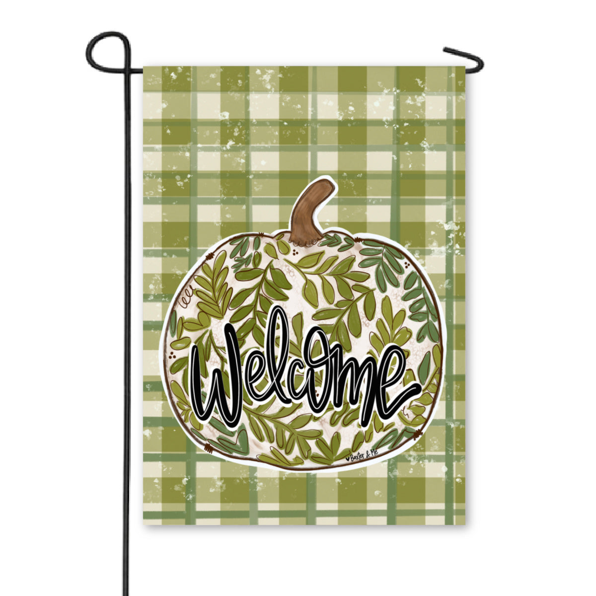 Welcome Green Leaf Pumpkin Plaid Garden Flag