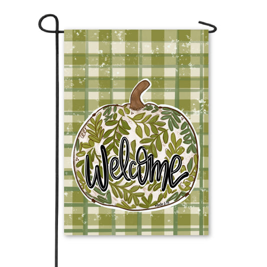 Welcome Green Leaf Pumpkin Plaid Garden Flag