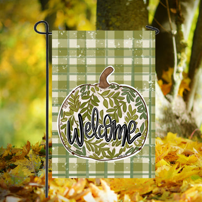 Welcome Green Leaf Pumpkin Plaid Garden Flag