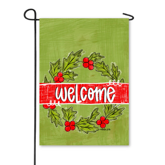 Welcome Holly Berry Wreath Garden Flag