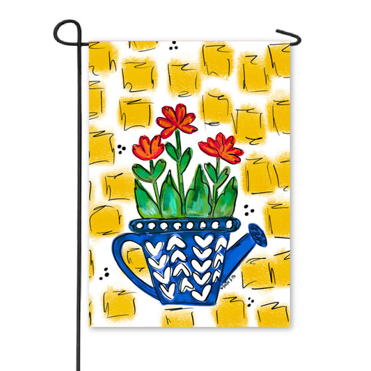 Watering Can with Red Flowers Garden Flag