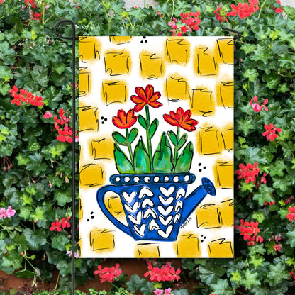 Watering Can with Red Flowers Garden Flag