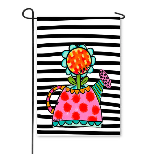 Black & White Striped Funky Flower Can Garden Flag