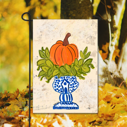 Pumpkin in Blue Willow Planter Garden Flag