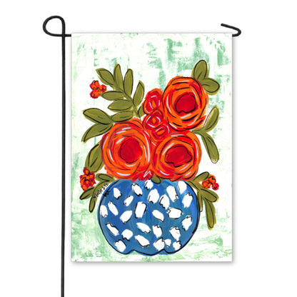 Red Floral in Blue & White Vase Garden Flag