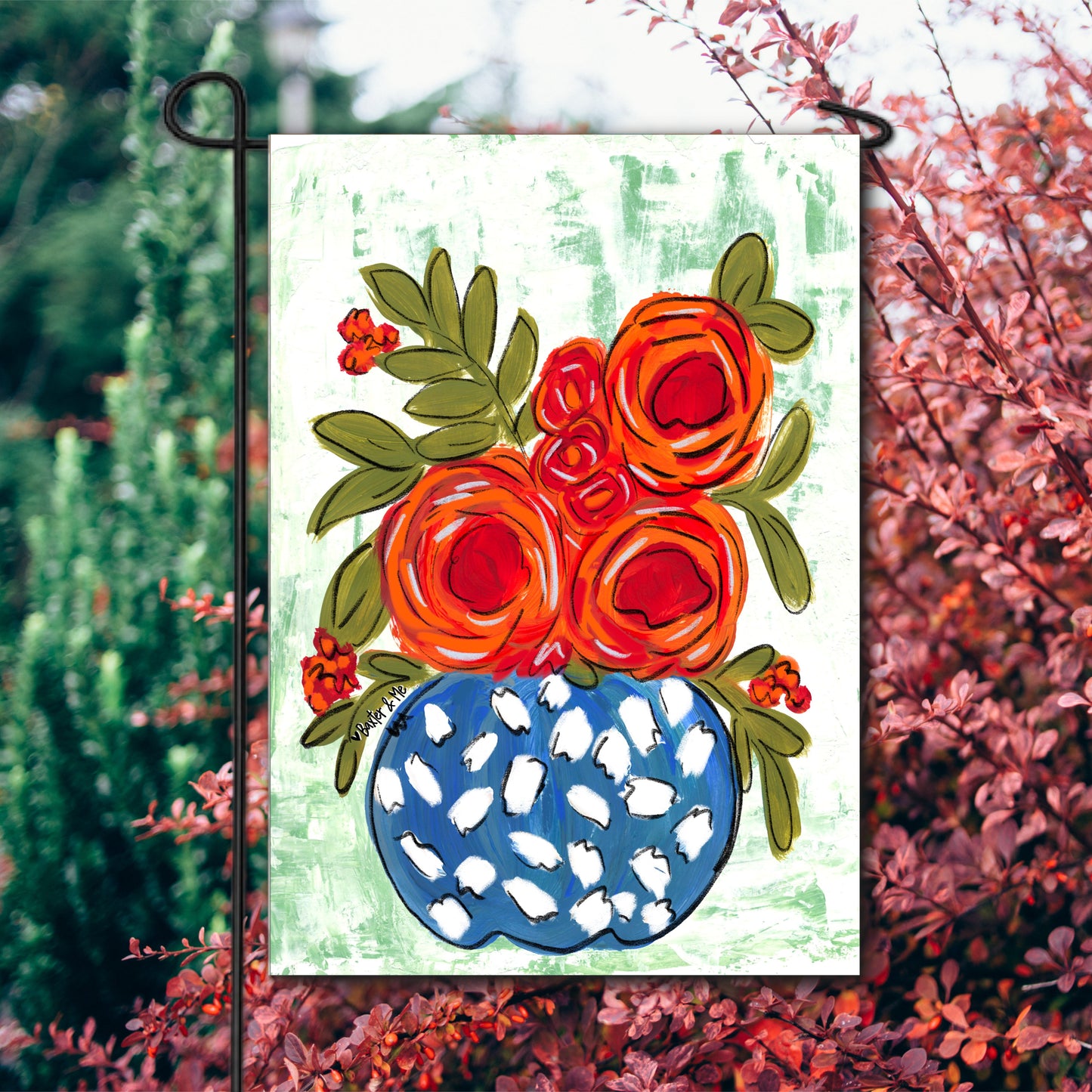 Red Floral in Blue & White Vase Garden Flag