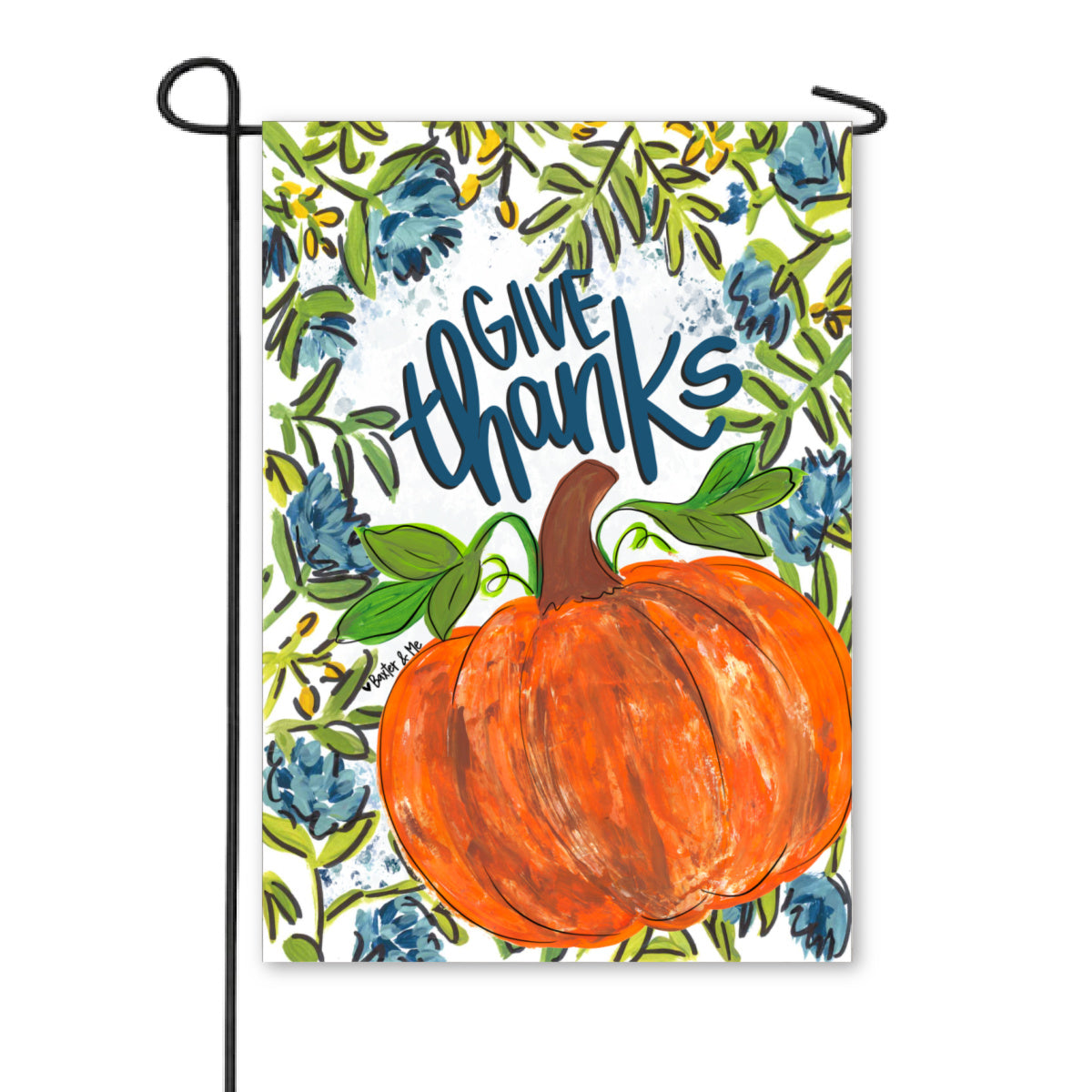 Blue Give Thanks Pumpkin Floral Garden Flag