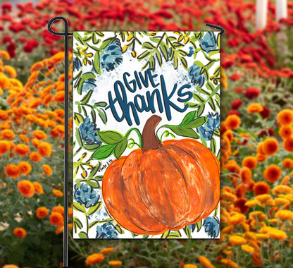 Blue Give Thanks Pumpkin Floral Garden Flag