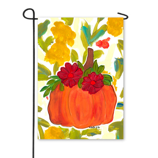 Pumpkin with Fall Flowers Garden Flag