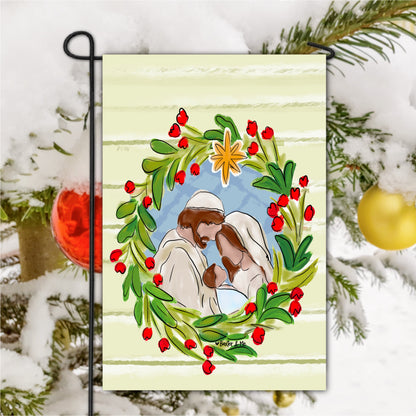 Joseph Mary Jesus Christmas Wreath Garden Flag