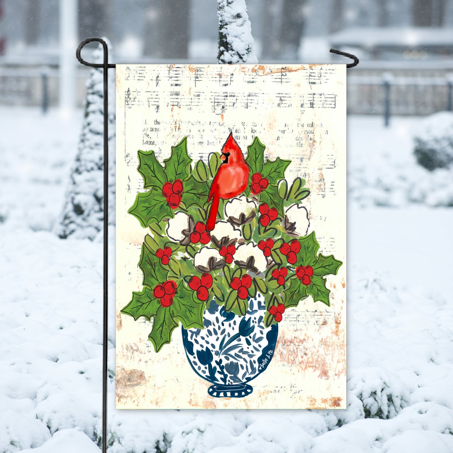 Blue Willow Cotton Holly Berry Cardinal Garden Flag