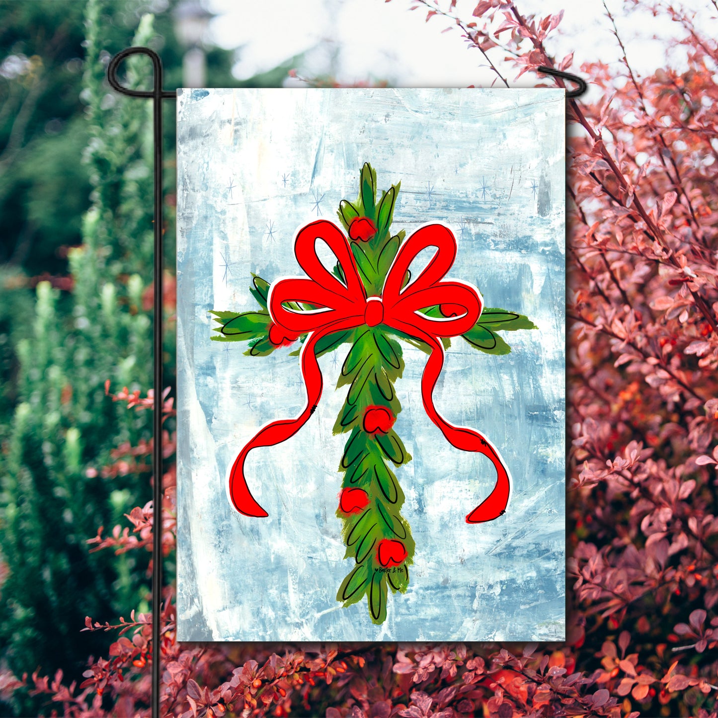 Christmas Berry Cross with Red Bow Garden Flag