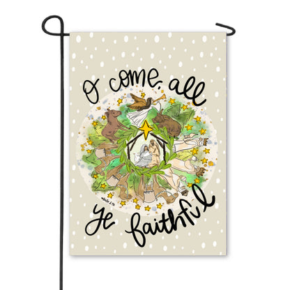 O Come All Ye Faithful Neutral Round Nativity Garden Flag