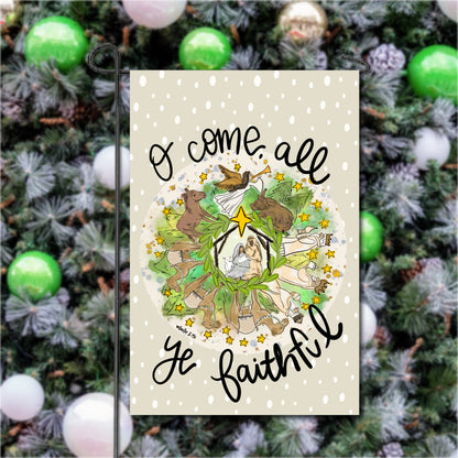 O Come All Ye Faithful Neutral Round Nativity Garden Flag