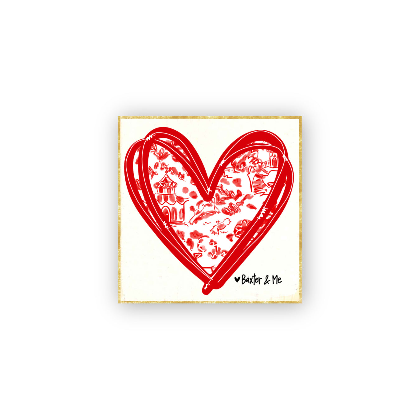 Red Toile Heart Gold Mini Block
