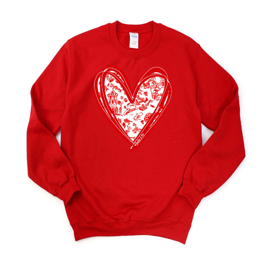 Red sweatshirt with a white heart-shaped design on a white background