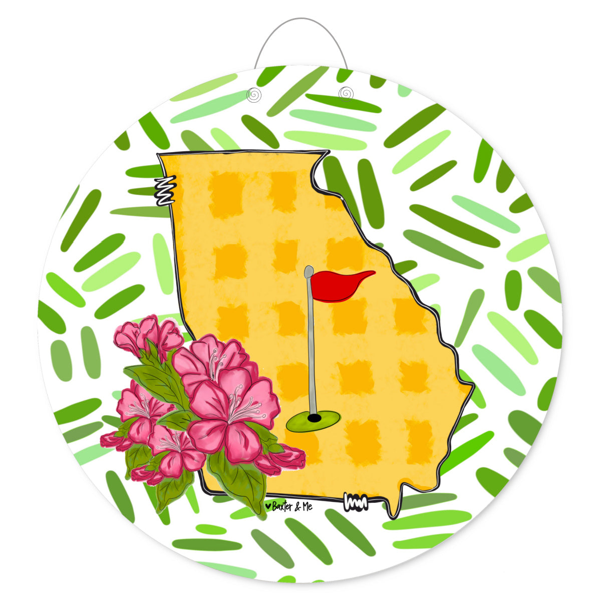 Decorative door hanger with a yellow Gerogia state outline, pink flowers, and a red flag on a green and white patterned background.