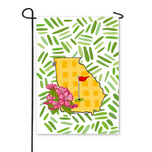 Garden flag with a yellow Georgia state outline, pink flowers, and a red golf flag on a green leaf pattern background.