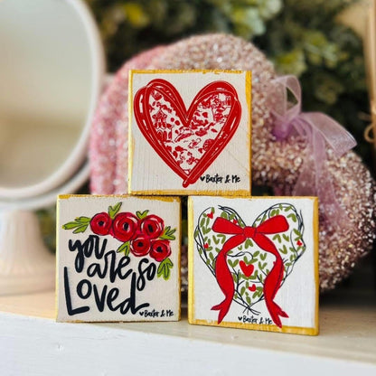Red Toile Heart Gold Mini Block