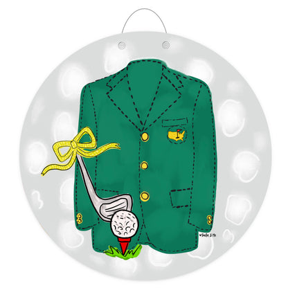 Door hanger featuring a Green jacket with a yellow bow, golf club, and ball on a white background
