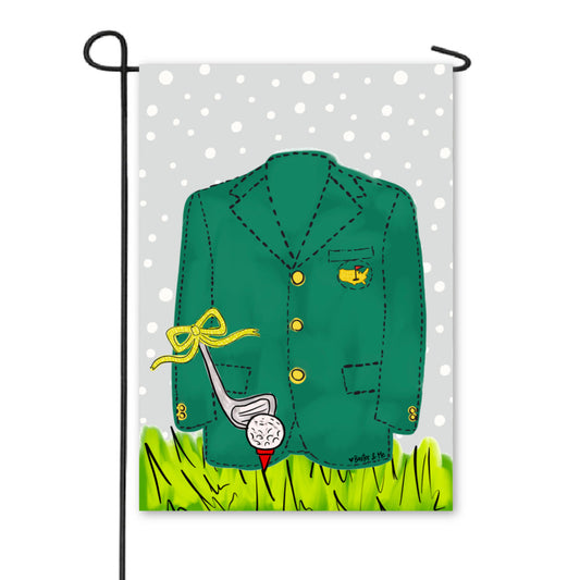 Garden flag with a green blazer, golf club, and ball on a polka dot background